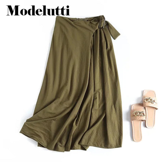 Modelutti 2023 New Spring Autumn Fashion Pin Buckle Design Pleated Long Skirt Casual Women Solid Color Simple Bottoms Female